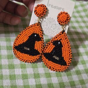 Halloween Witch Hat Orange Black Beaded Earrings